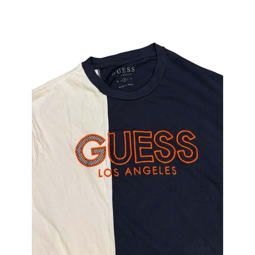 Guess Colorblock Graphic Tee White Blue Mens Size Medium Spellout Embroidered - Picture 2 of 8